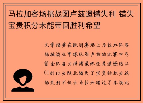 马拉加客场挑战图卢兹遗憾失利 错失宝贵积分未能带回胜利希望