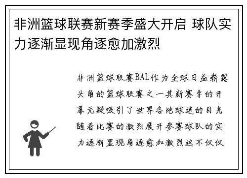 非洲篮球联赛新赛季盛大开启 球队实力逐渐显现角逐愈加激烈