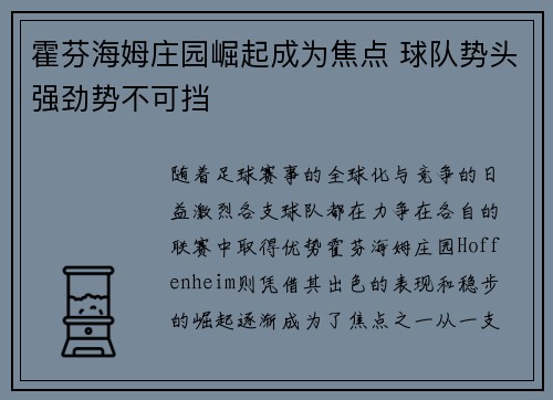 霍芬海姆庄园崛起成为焦点 球队势头强劲势不可挡