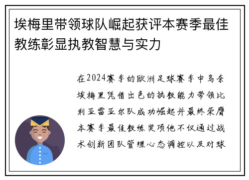 埃梅里带领球队崛起获评本赛季最佳教练彰显执教智慧与实力