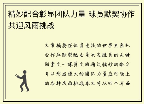 精妙配合彰显团队力量 球员默契协作共迎风雨挑战