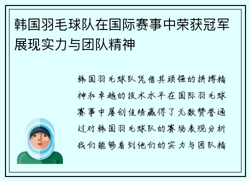 韩国羽毛球队在国际赛事中荣获冠军展现实力与团队精神