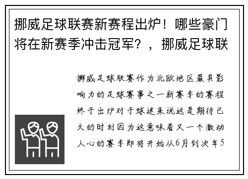 挪威足球联赛新赛程出炉！哪些豪门将在新赛季冲击冠军？，挪威足球联赛ds