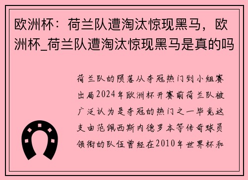 欧洲杯：荷兰队遭淘汰惊现黑马，欧洲杯_荷兰队遭淘汰惊现黑马是真的吗