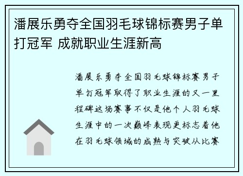 潘展乐勇夺全国羽毛球锦标赛男子单打冠军 成就职业生涯新高